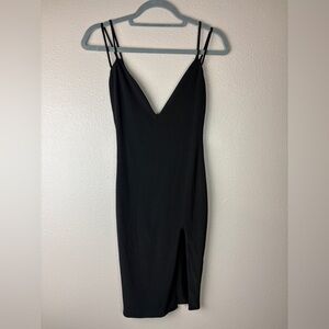 Lux La black midi deep V front / back dress with high slit in front size small